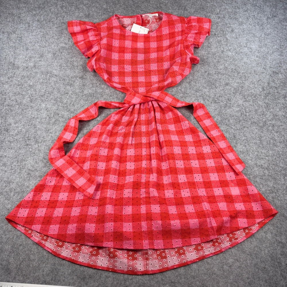 NWT Maia Bergman Backless Eyelet Cocktail Dress Womens XS Red Pink Checker Smock
